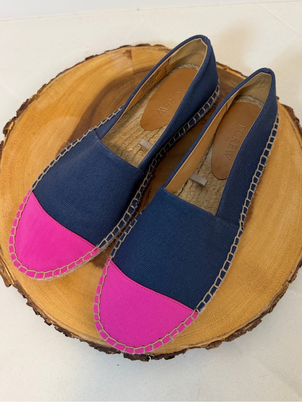 J. Crew Navy Canvas Espadrilles Pink Toe Cap Slip On Braided Jute Women’s 7.5
